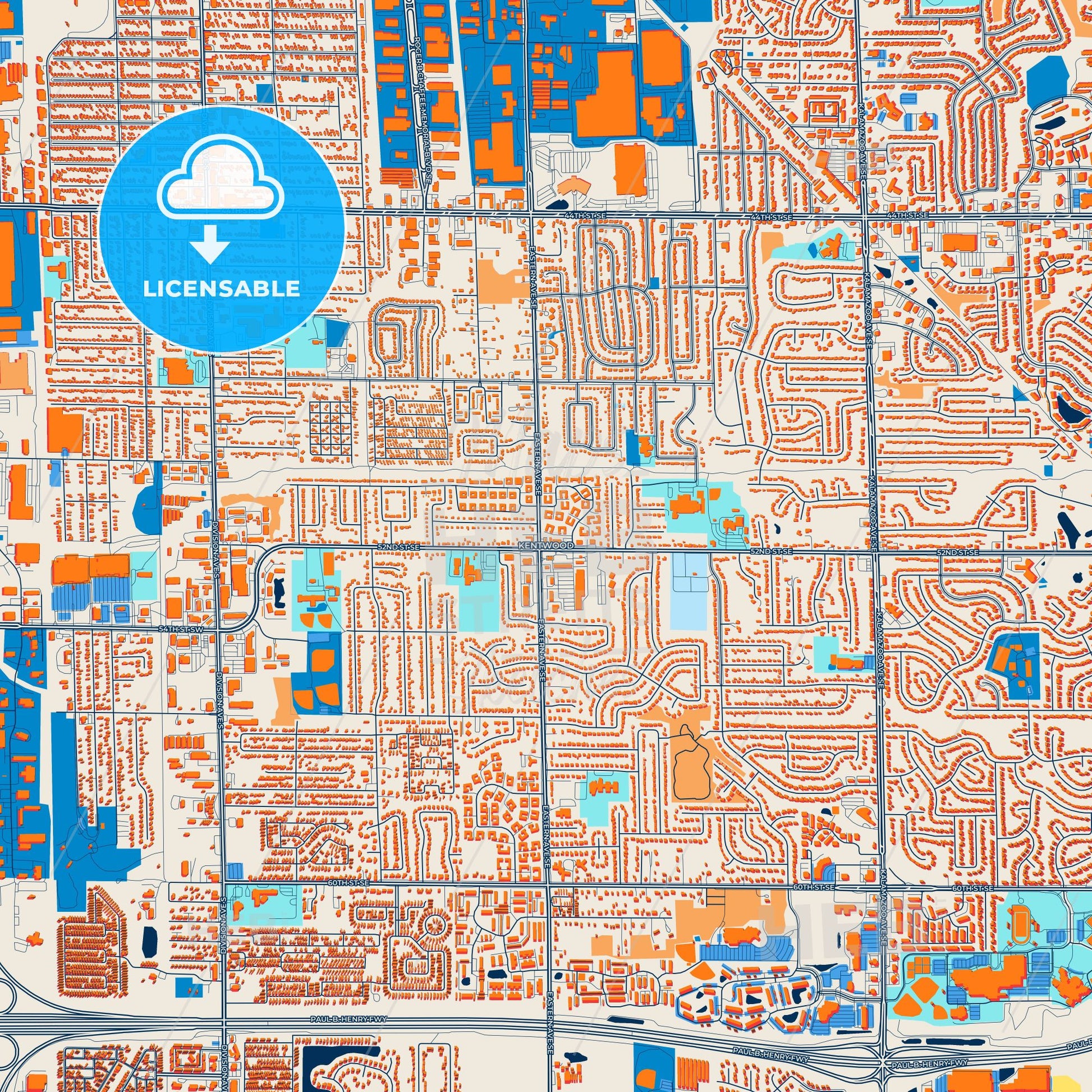 Colorful Kentwood Street Map with Labels and Buildings