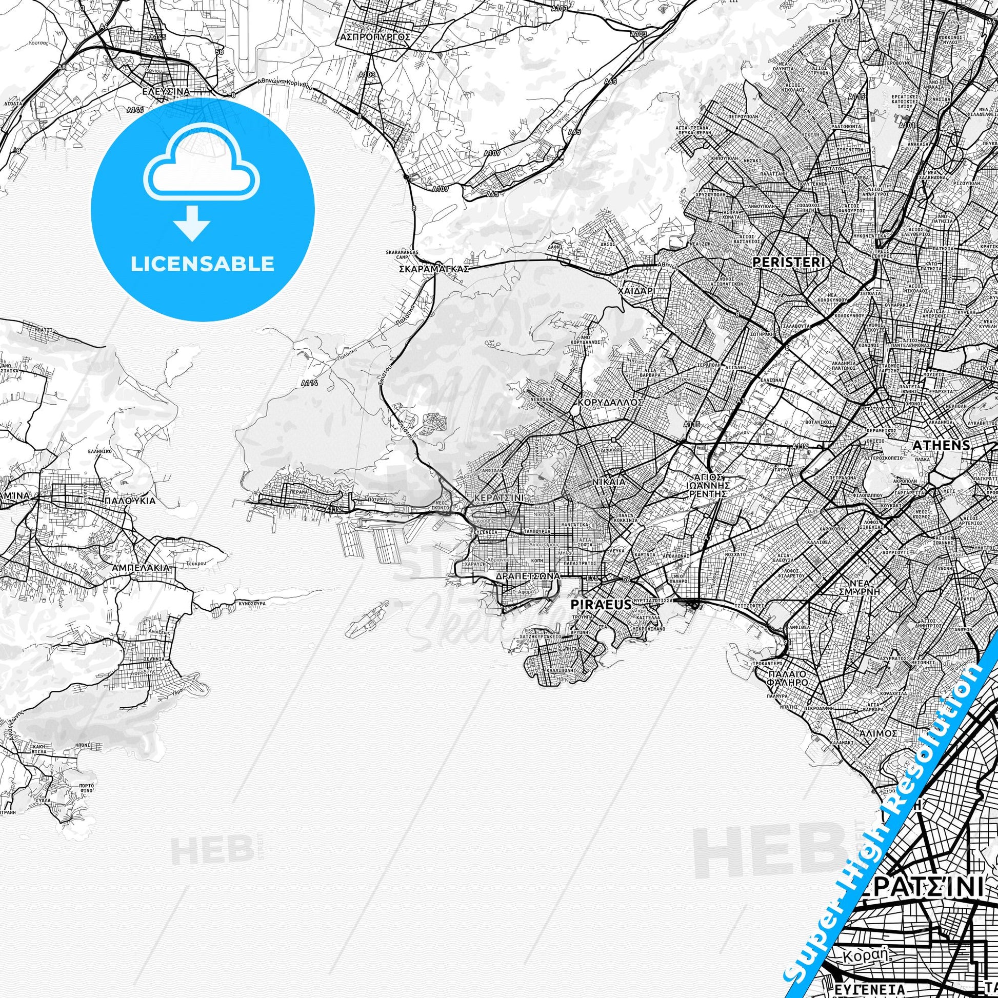 Keratsini, Greece light map with streetnames, citynames and districts