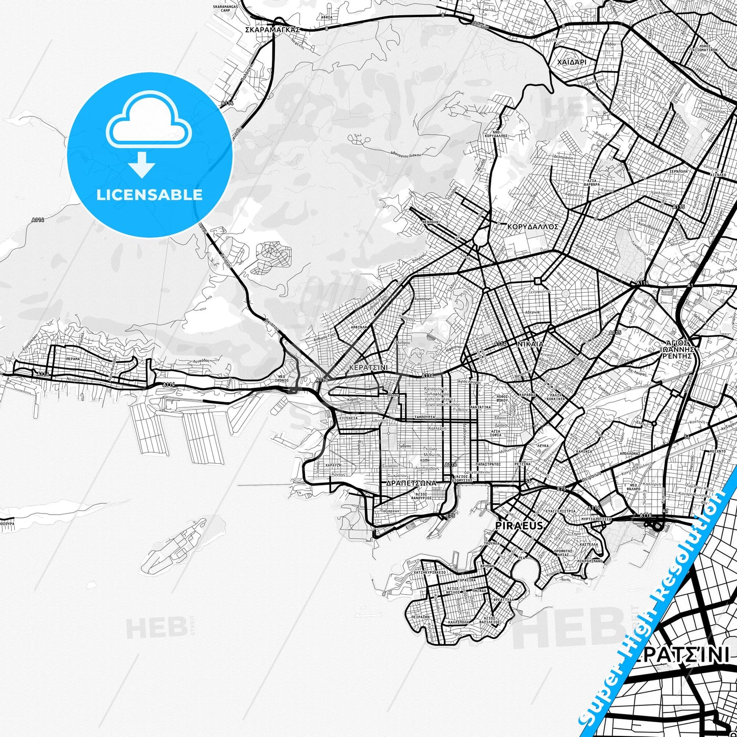 Keratsini, Greece Light Map with Street Names, City Names, and Districts