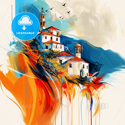 Vibrant Keratsini, Greece - A Painting Of A Building On A Hill