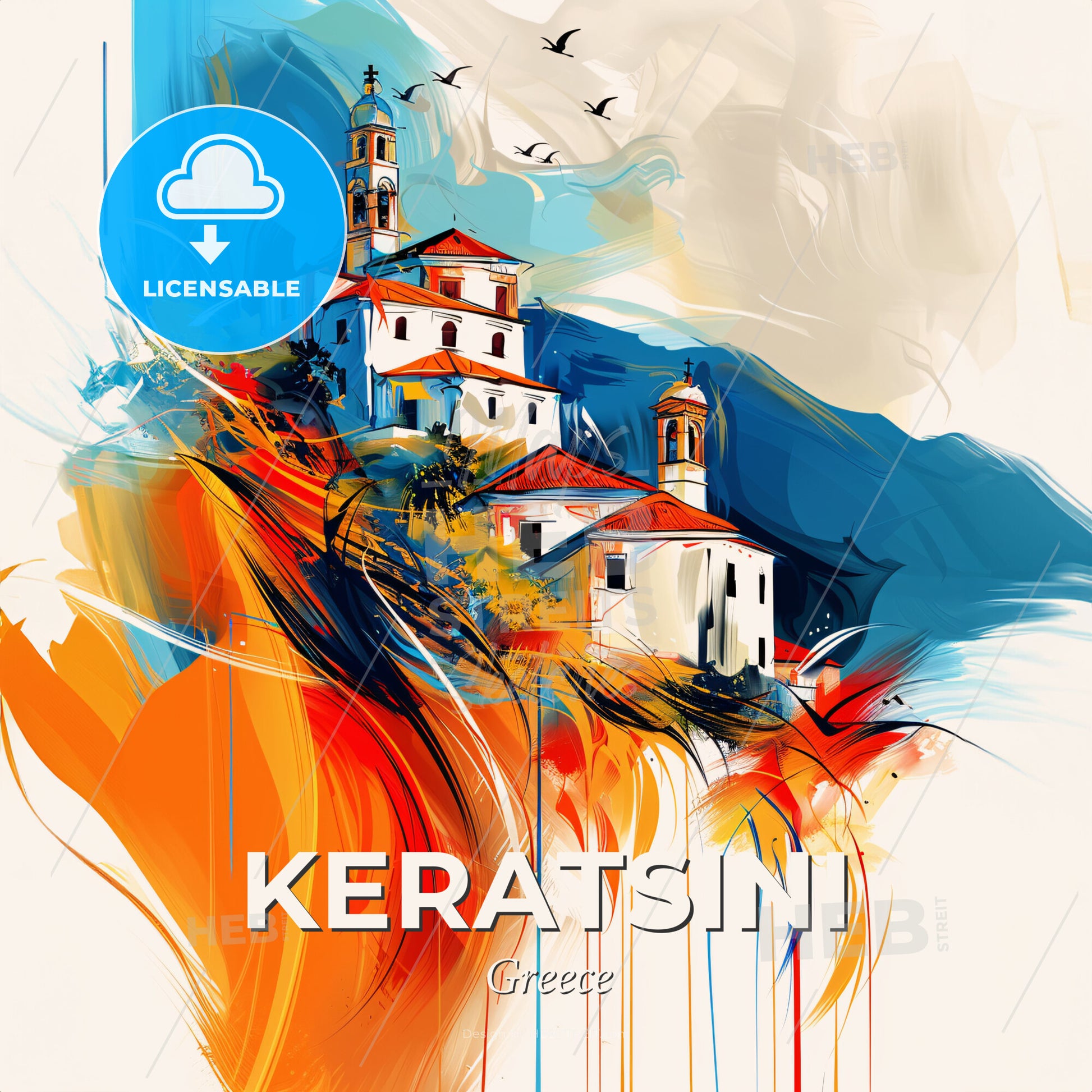 Vibrant Keratsini, Greece - A Painting Of A Building On A Hill - Square format print template