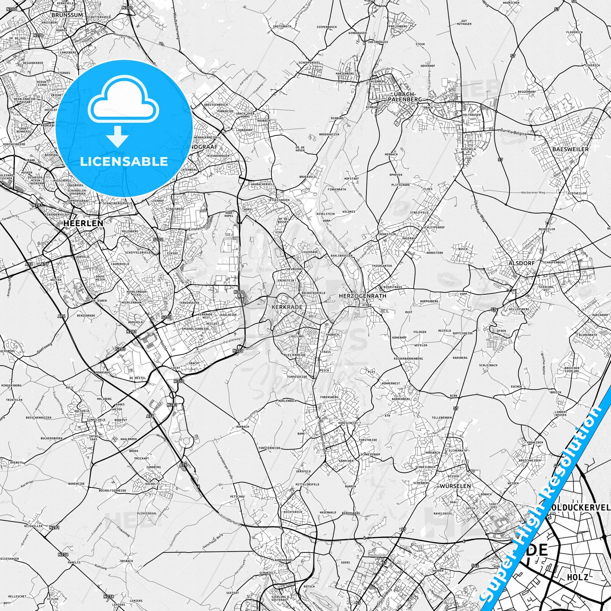 Kerkrade, Netherlands light map with streetnames, citynames and districts