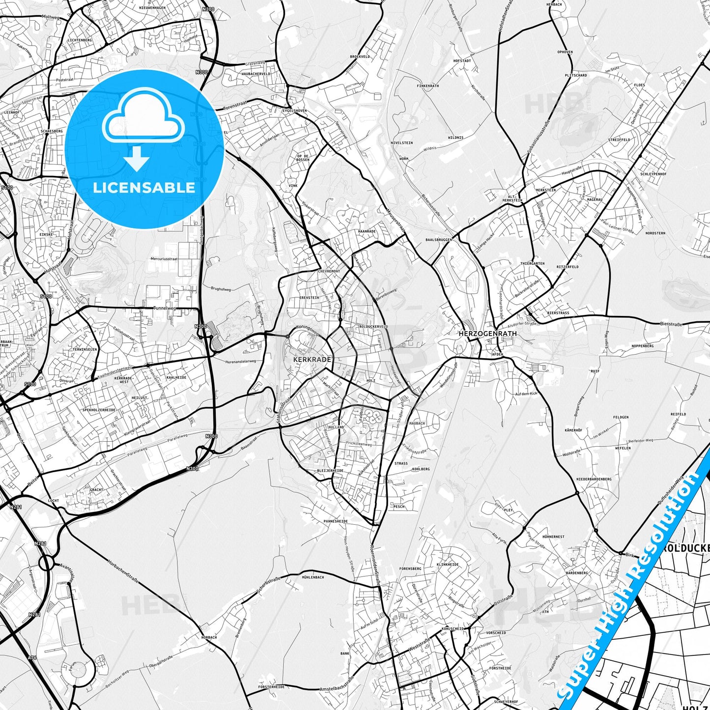 Kerkrade, Netherlands Light Map with Street Names, City Names, and Districts