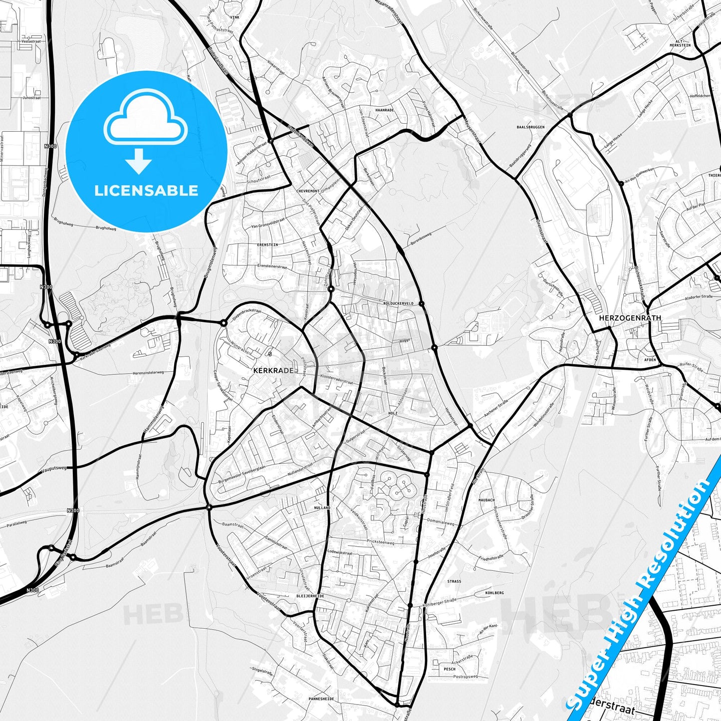 Kerkrade, Netherlands Light Map with Street Names, City Names, and Districts