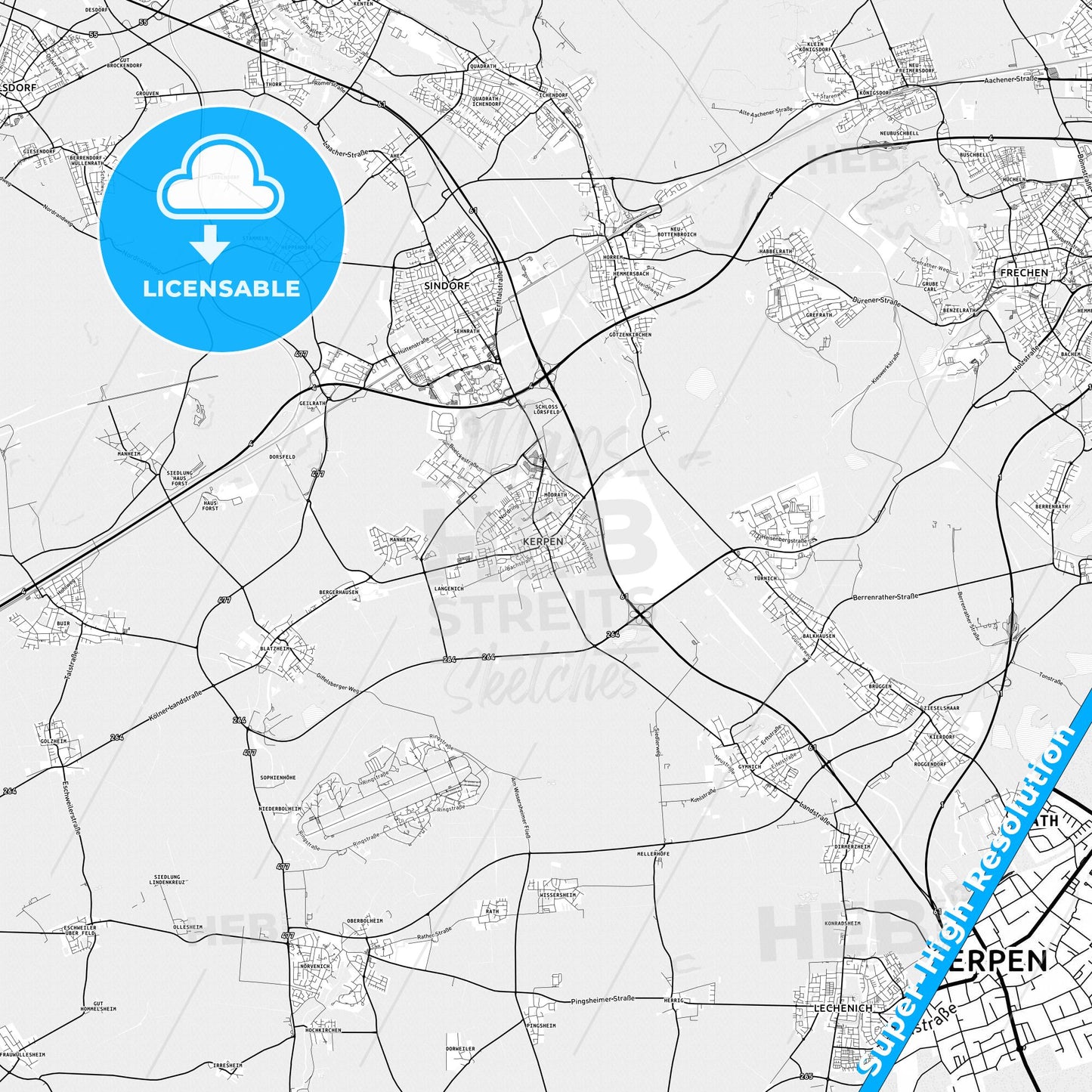 Kerpen, Germany light map with streetnames, citynames and districts