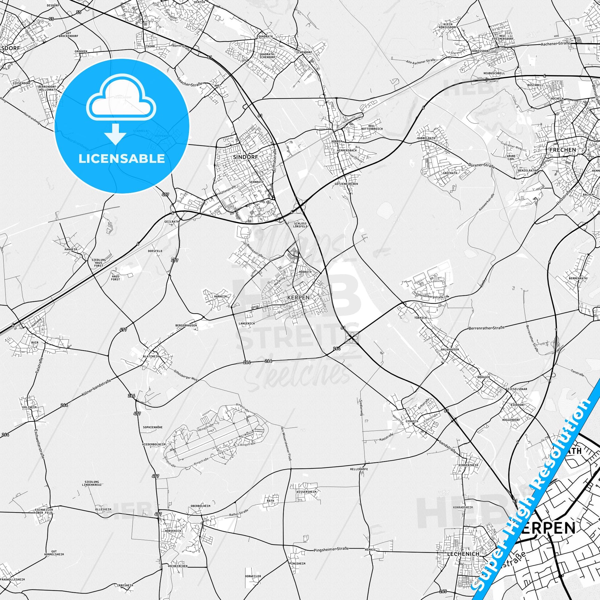 Kerpen, Germany light map with streetnames, citynames and districts