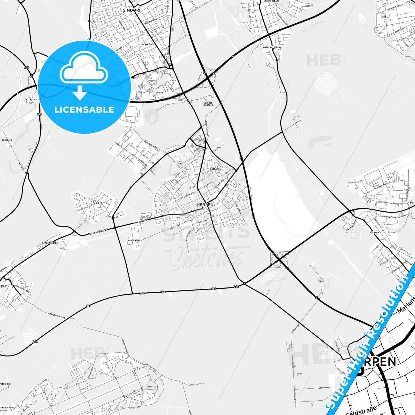 Kerpen, Germany Light Map with Street Names, City Names, and Districts