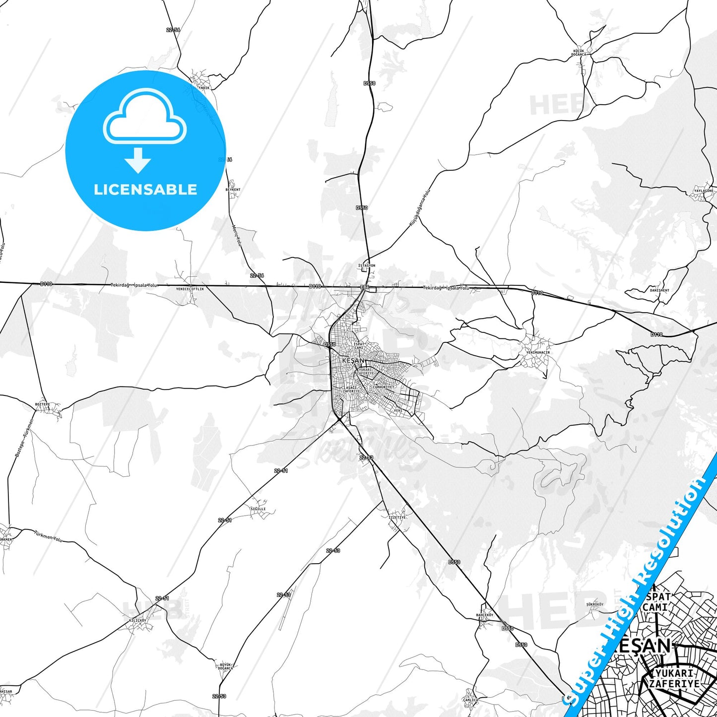 Keşan, Turkey light map with streetnames, citynames and districts