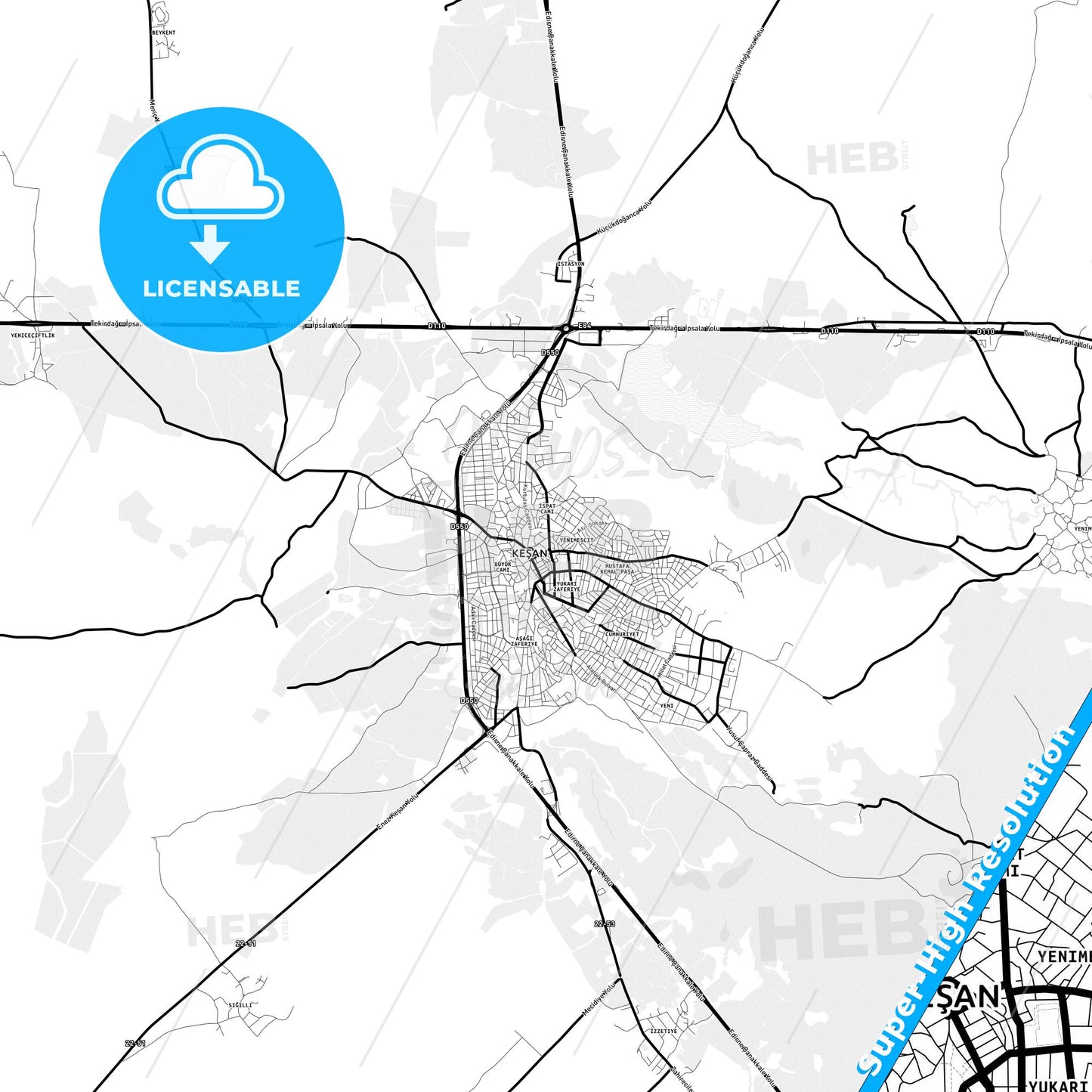 Keşan, Turkey Light Map with Street Names, City Names, and Districts