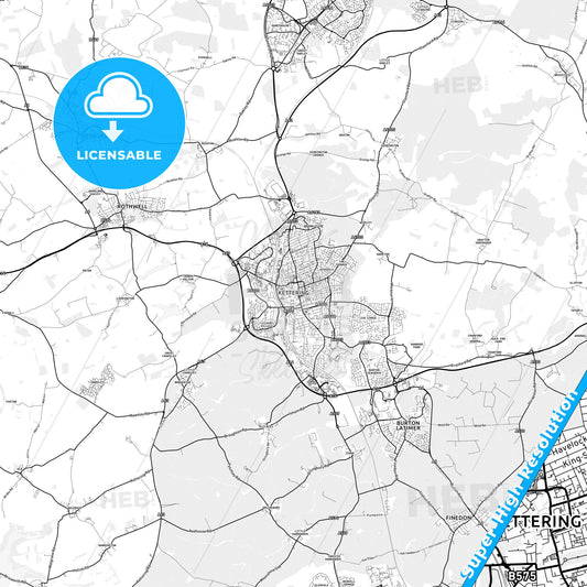 Kettering, England light map with streetnames, citynames and districts