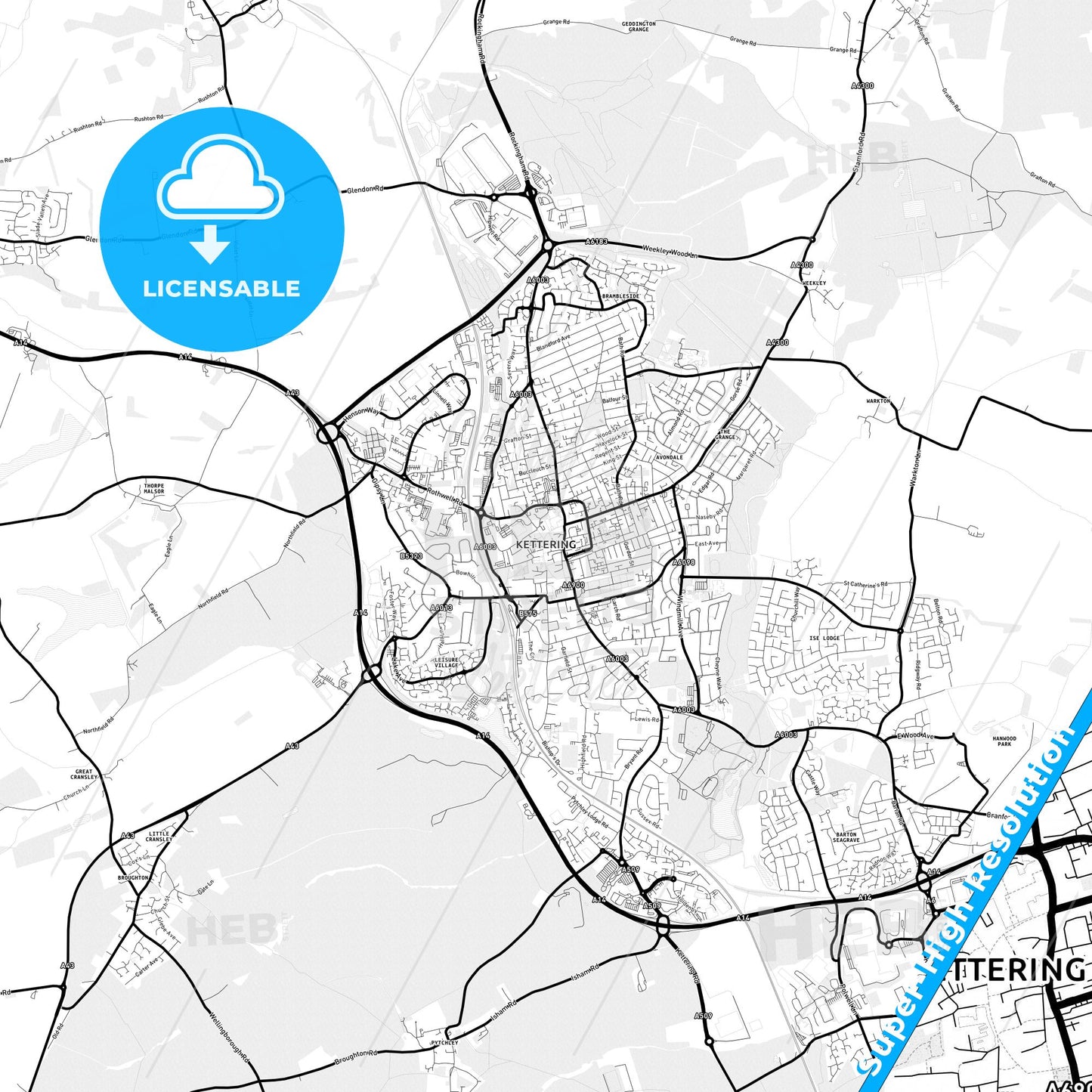 Kettering, England Light Map with Street Names, City Names, and Districts