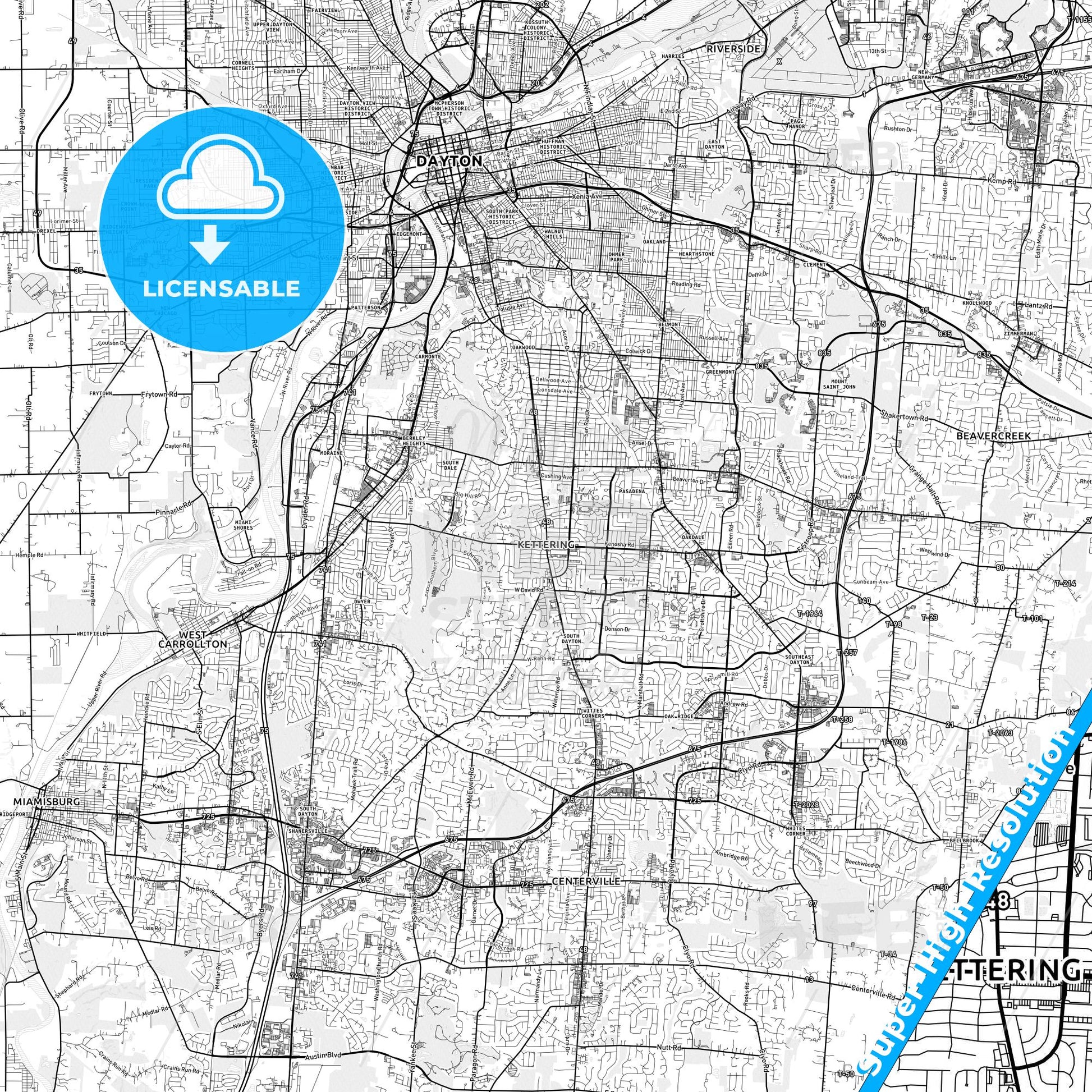 Kettering, Ohio light map with streetnames, citynames and districts