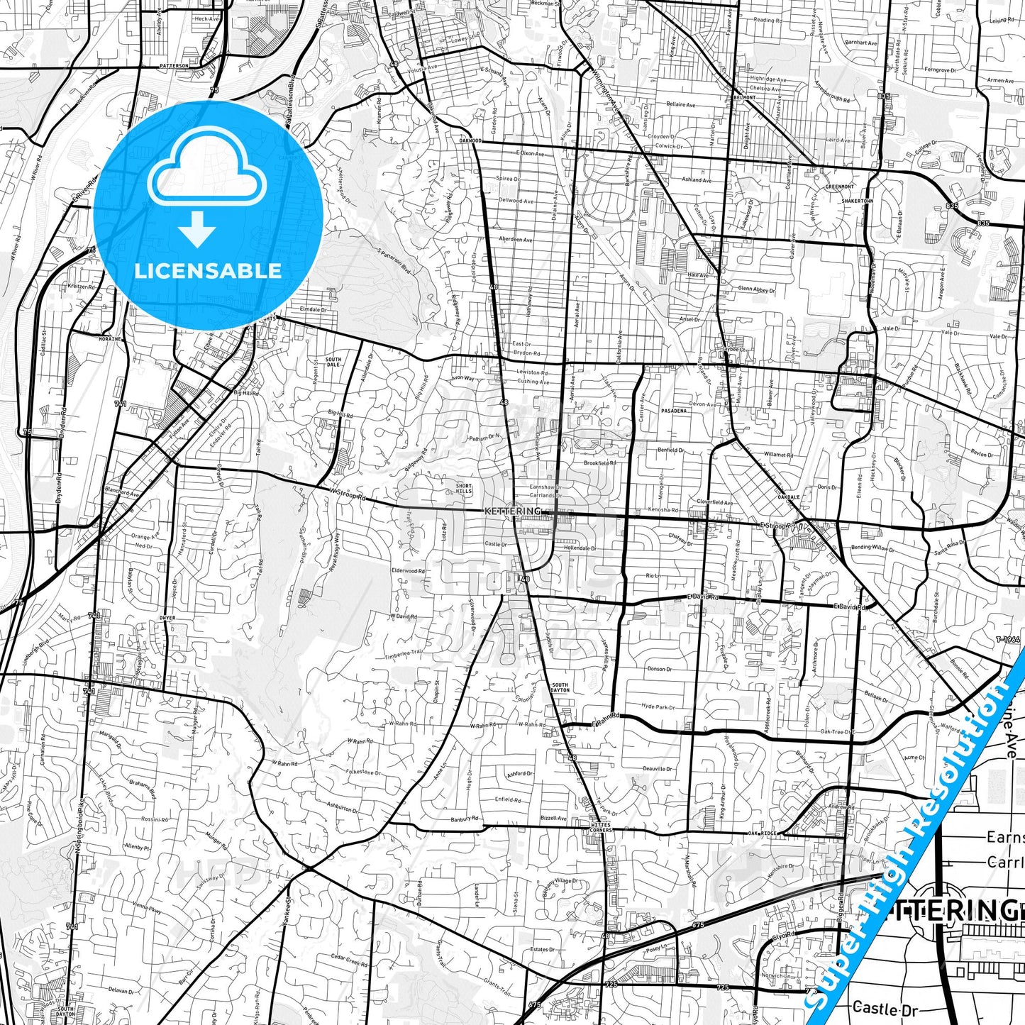 Kettering, Ohio Light Map with Street Names, City Names, and Districts