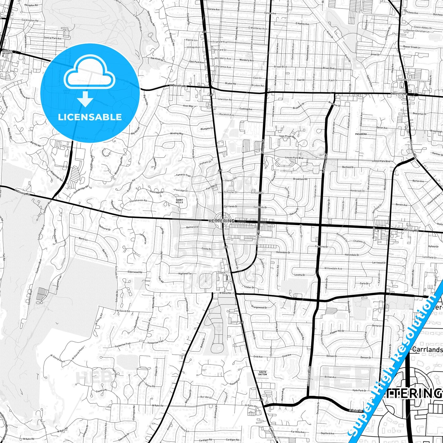 Kettering, Ohio Light Map with Street Names, City Names, and Districts