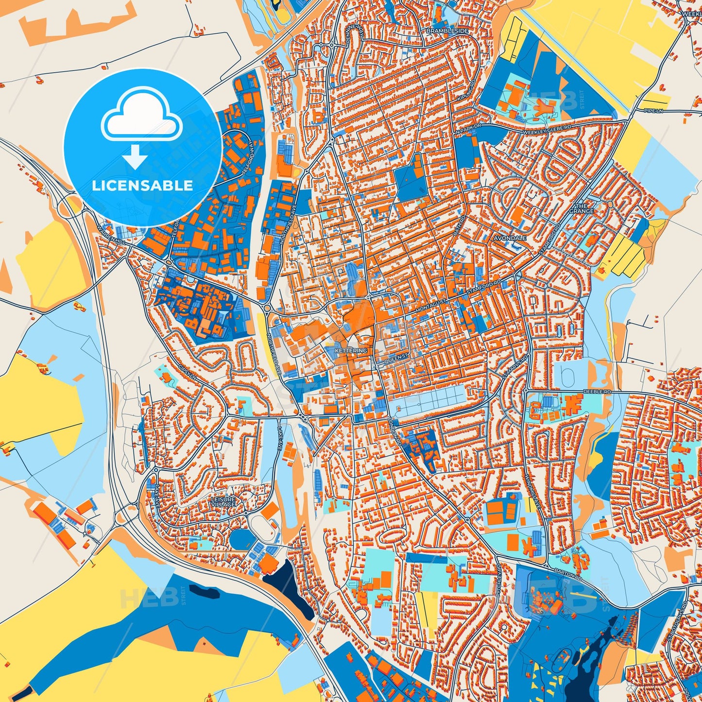 Colorful Kettering Street Map with Labels and Buildings