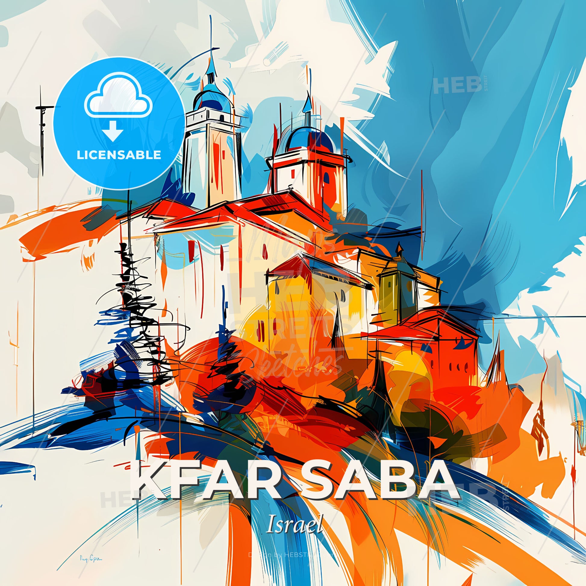 Vibrant Kfar Saba, Israel - A Painting Of A Building - Square format print template