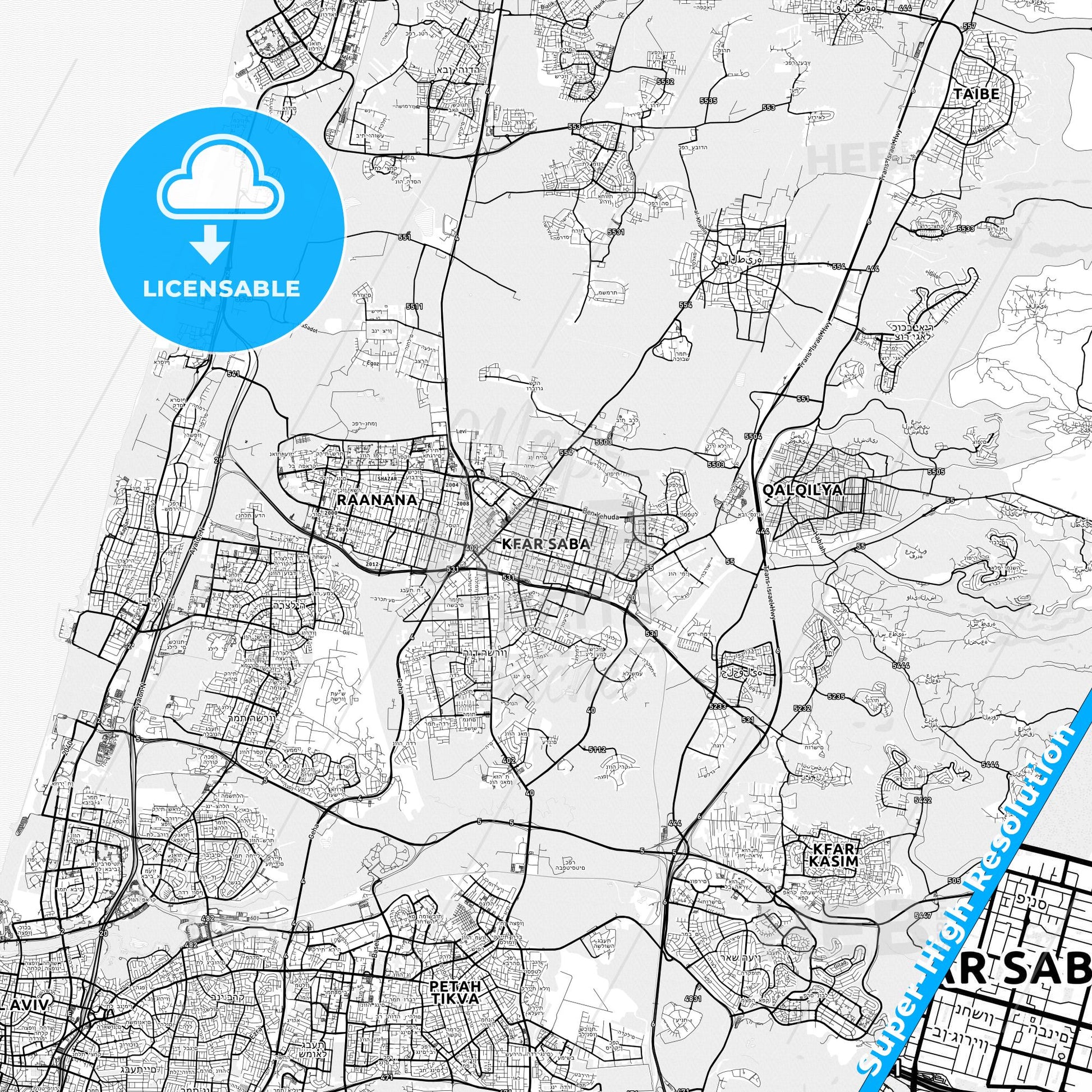 Kfar Saba, Israel light map with streetnames, citynames and districts