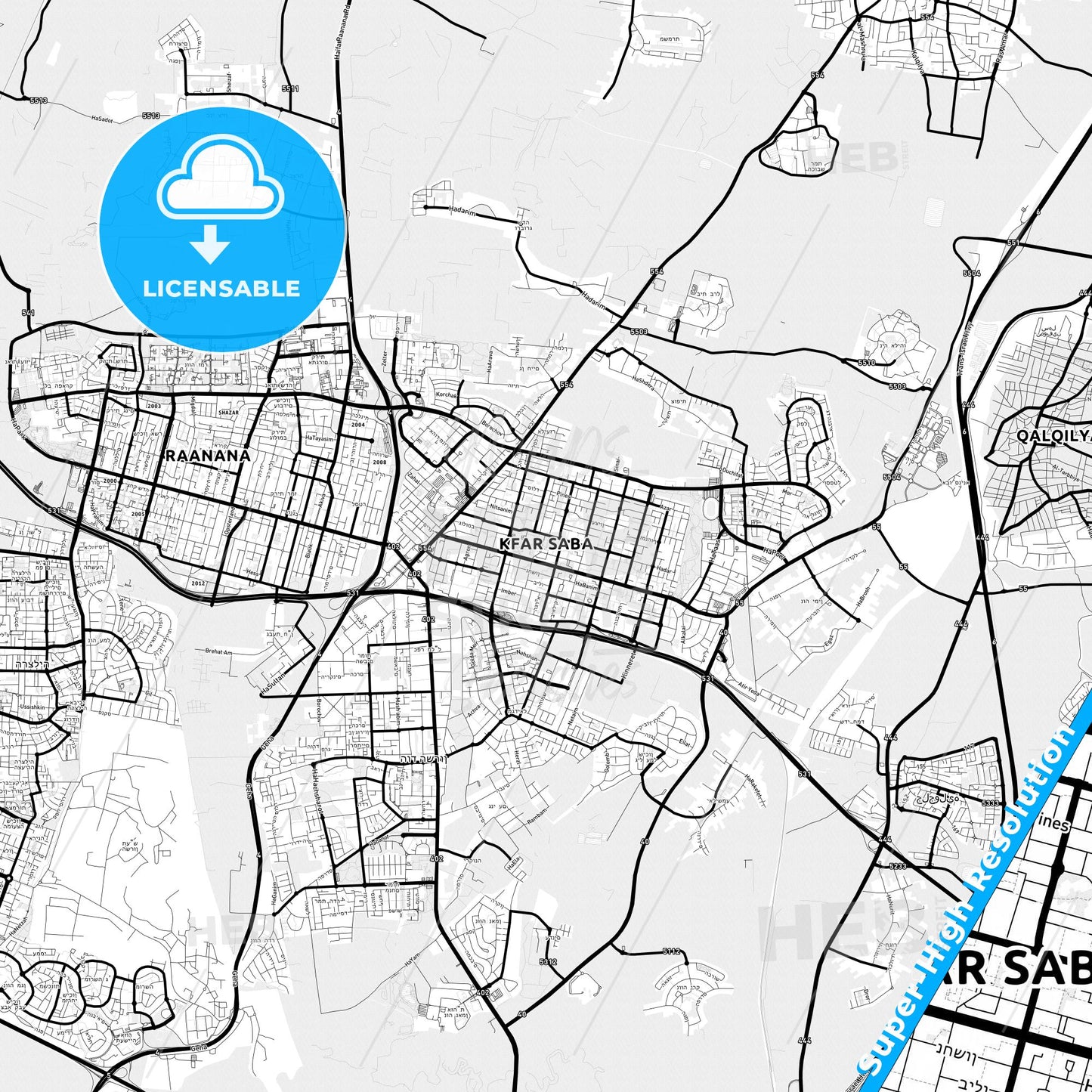 Kfar Saba, Israel Light Map with Street Names, City Names, and Districts