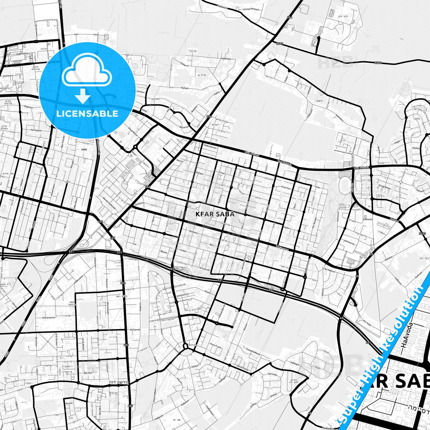 Kfar Saba, Israel Light Map with Street Names, City Names, and Districts