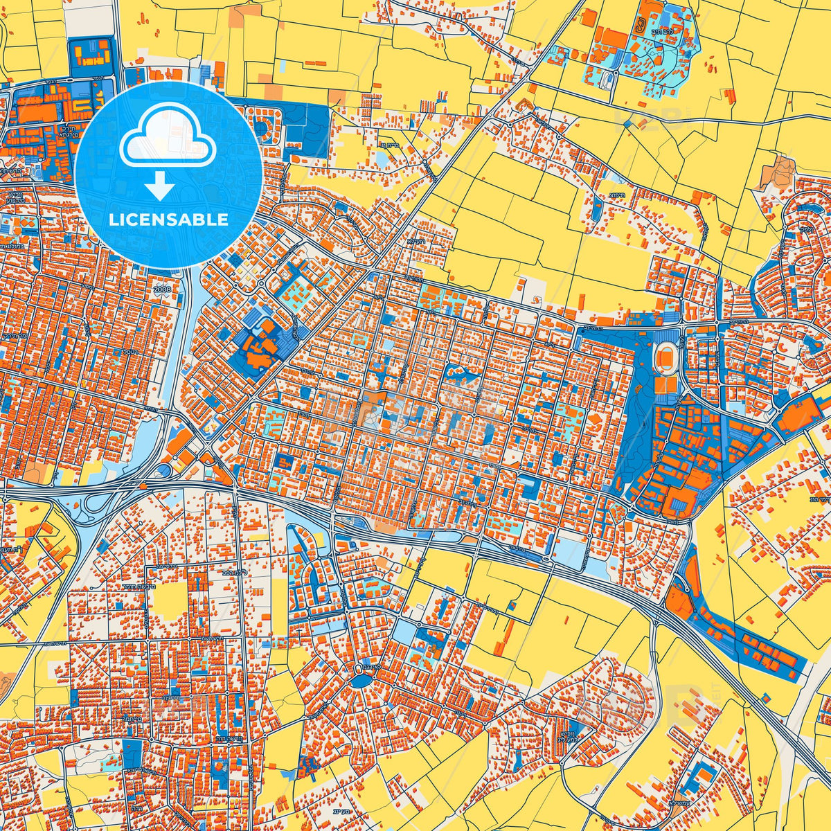 Colorful Kfar Saba Street Map with Labels and Buildings
