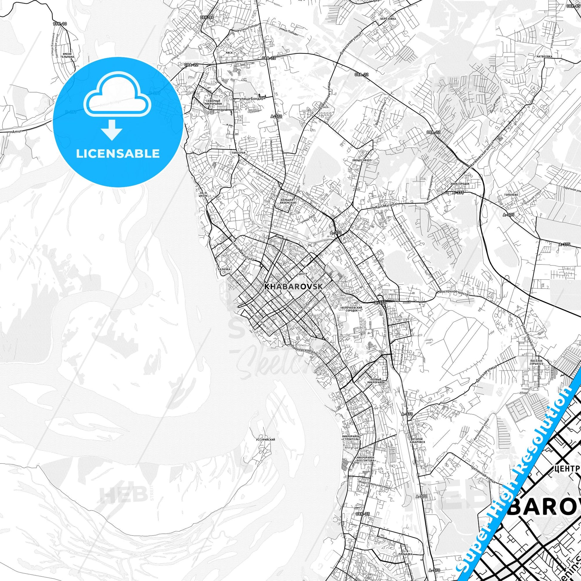 Khabarovsk, Russia light map with streetnames, citynames and districts