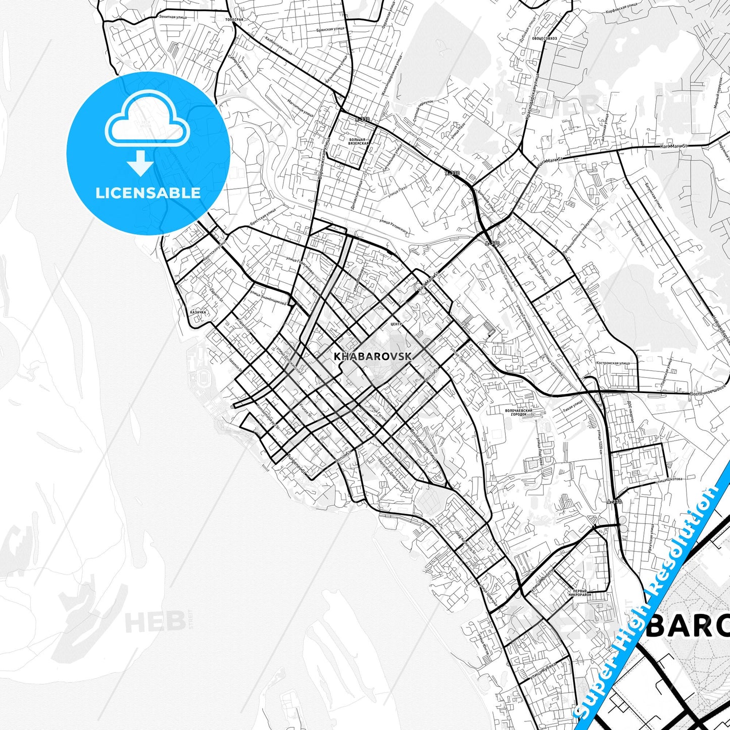 Khabarovsk, Russia Light Map with Street Names, City Names, and Districts