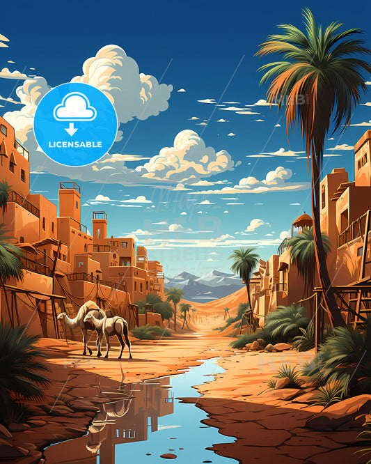 City United Arab Emirates Skyline, Khalifah camels desert town art painting