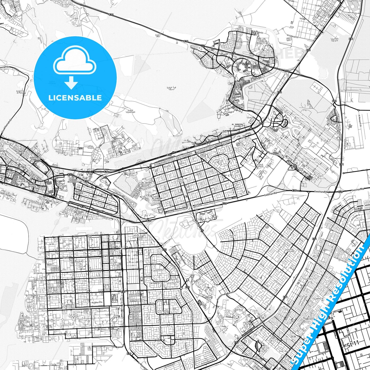 Khalifah A City, United Arab Emirates light map with streetnames, citynames and districts