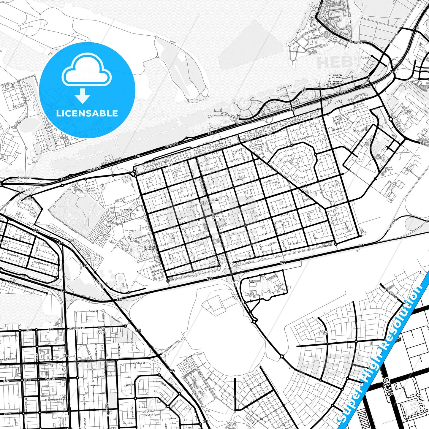 Khalifah A City, United Arab Emirates Light Map with Street Names, City Names, and Districts
