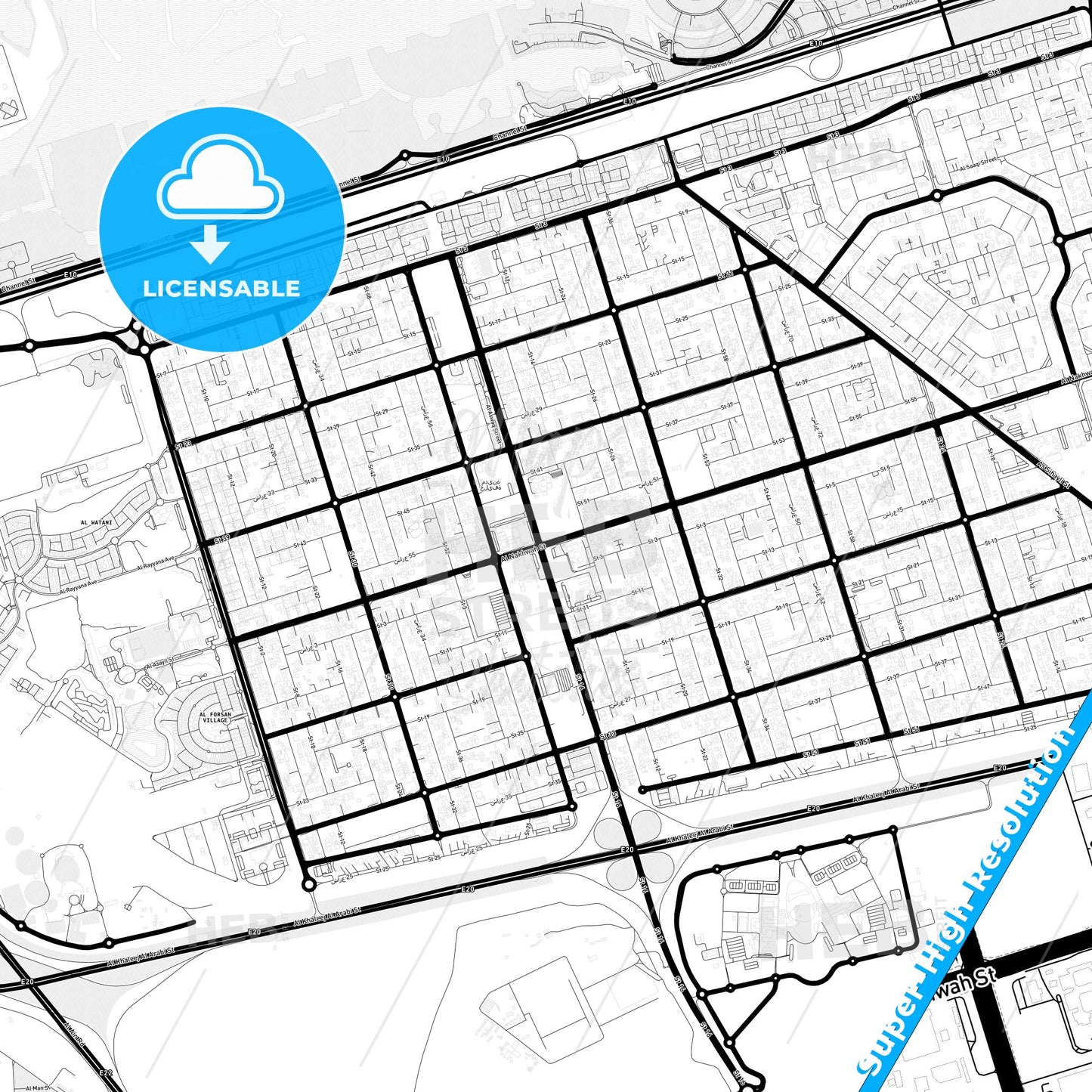 Khalifah A City, United Arab Emirates Light Map with Street Names, City Names, and Districts