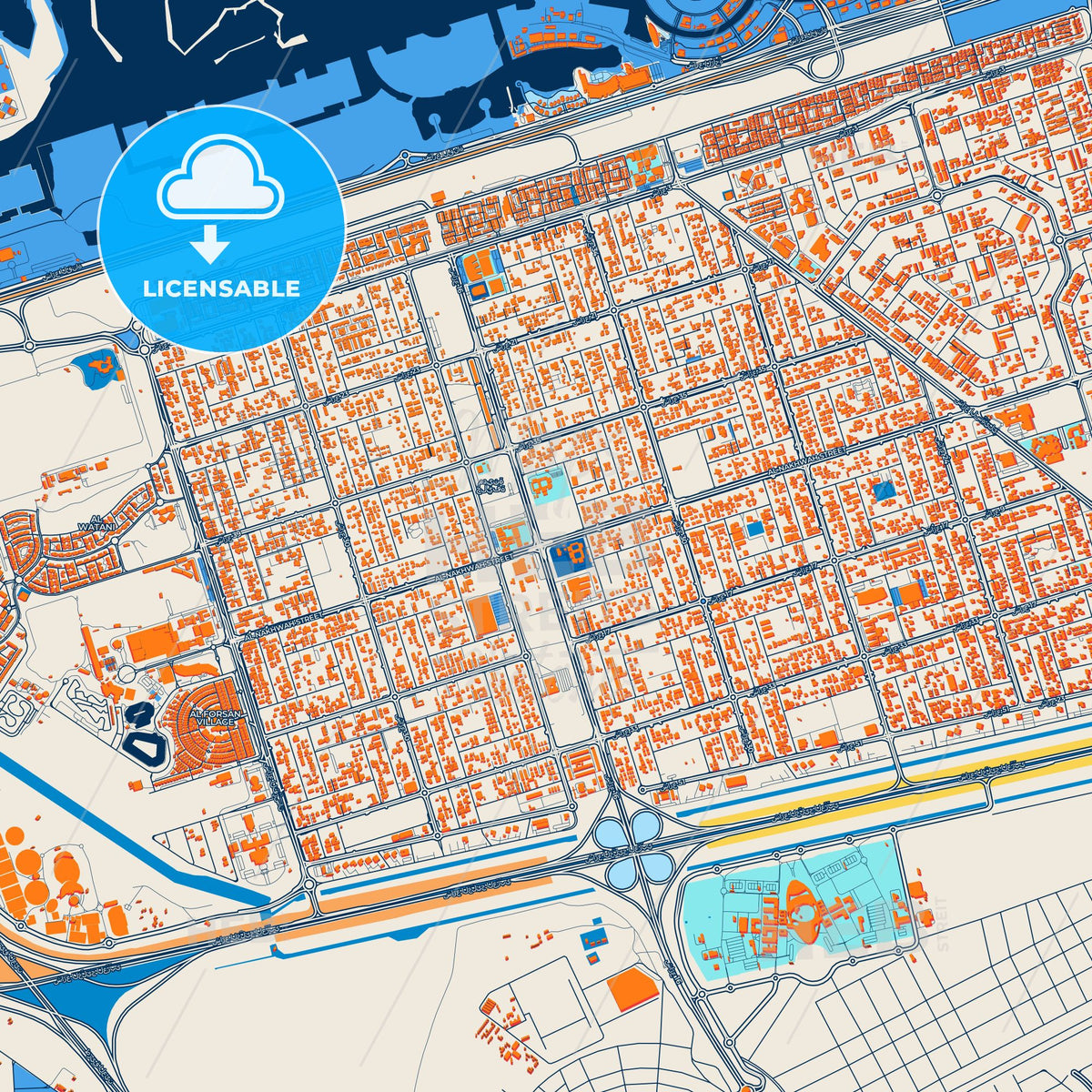 Colorful Khalifah A City Street Map with Labels and Buildings