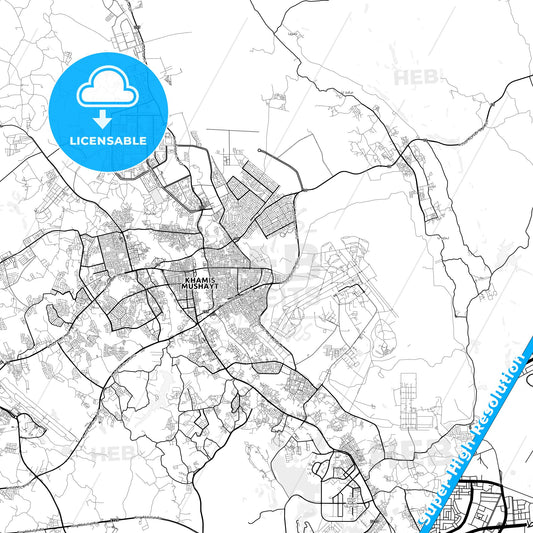 Khamis Mushayt, Saudi Arabia light map with streetnames, citynames and districts