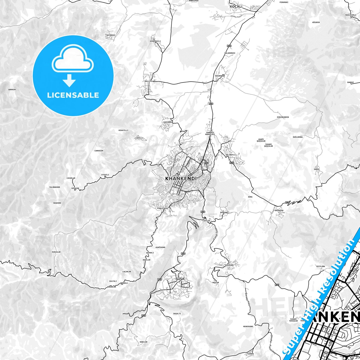 Khankendi, Azerbaijan light map with streetnames, citynames and districts
