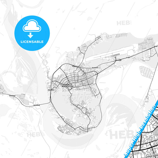 Khanty-Mansiysk, Russia light map with streetnames, citynames and districts