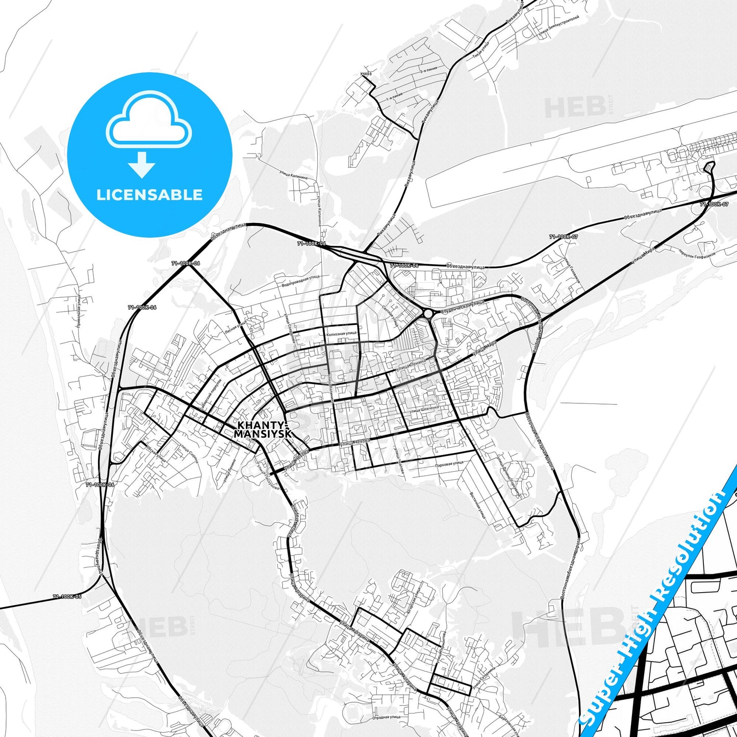 Khanty-Mansiysk, Russia Light Map with Street Names, City Names, and Districts