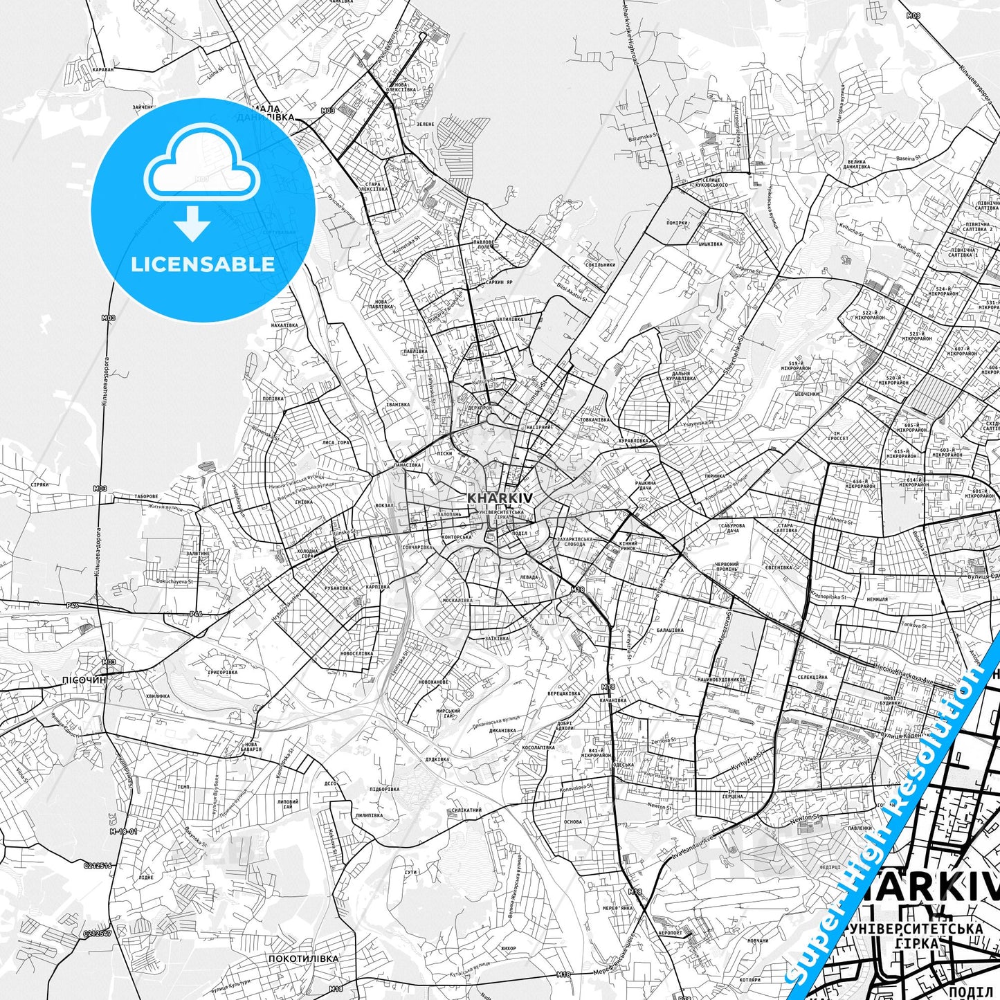 Kharkiv, Ukraine light map with streetnames, citynames and districts