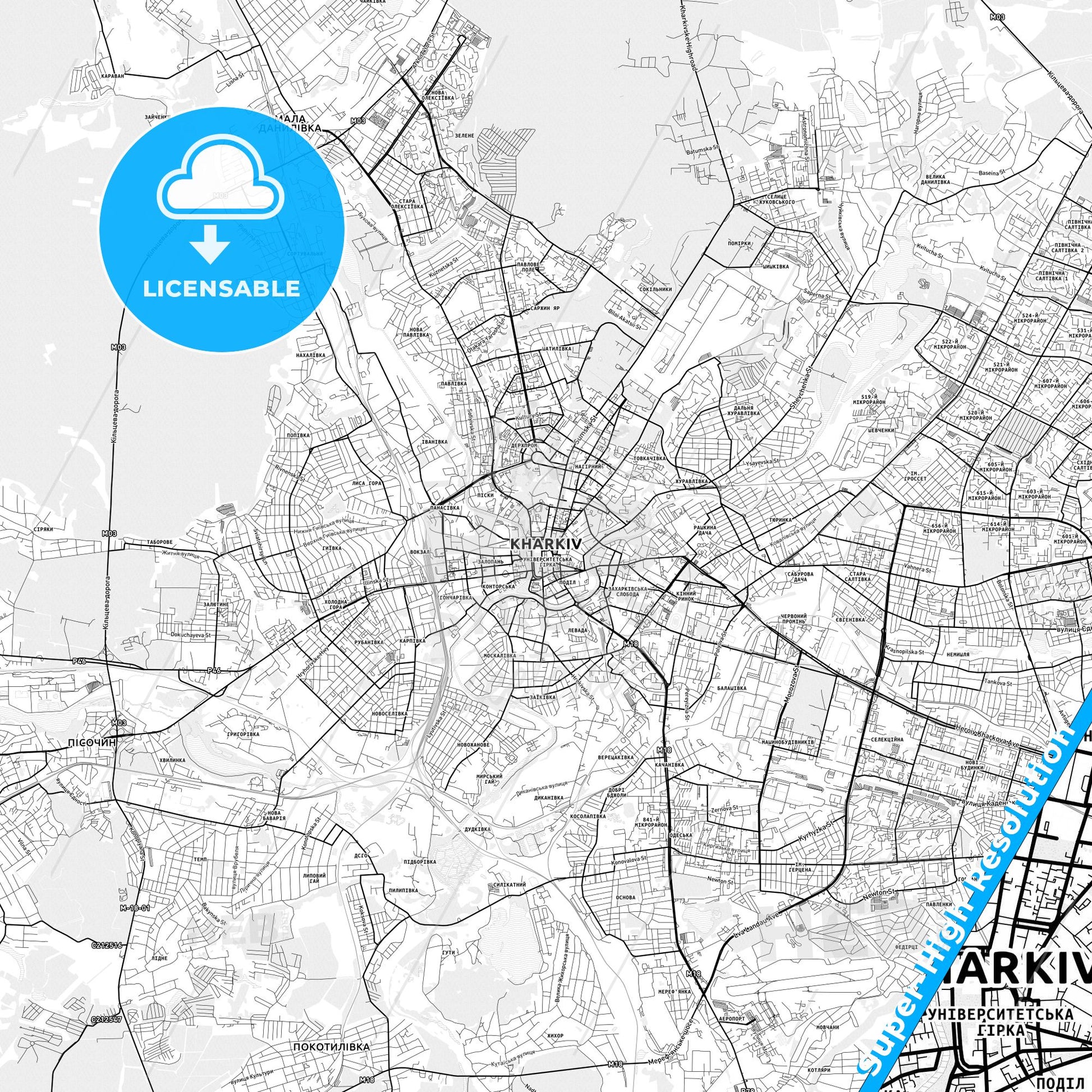 Kharkiv, Ukraine light map with streetnames, citynames and districts