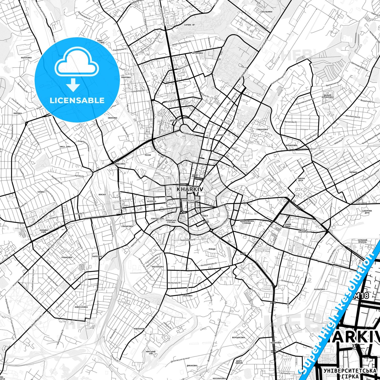 Kharkiv, Ukraine Light Map with Street Names, City Names, and Districts