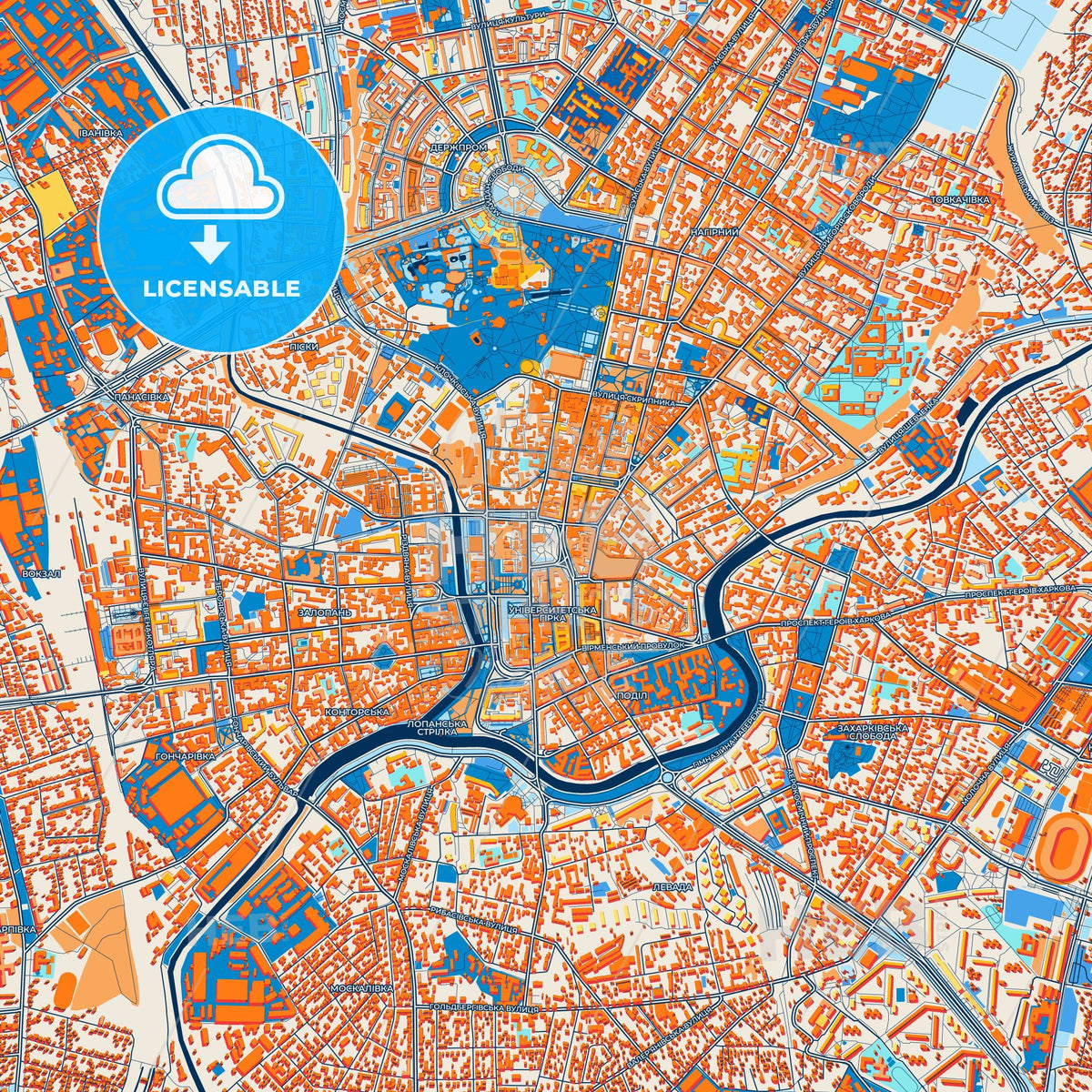 Colorful Kharkiv Street Map with Labels and Buildings