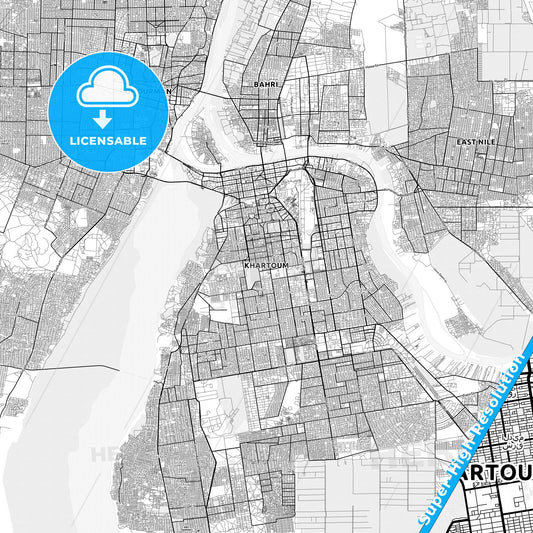 Khartoum, Sudan light map with streetnames, citynames and districts