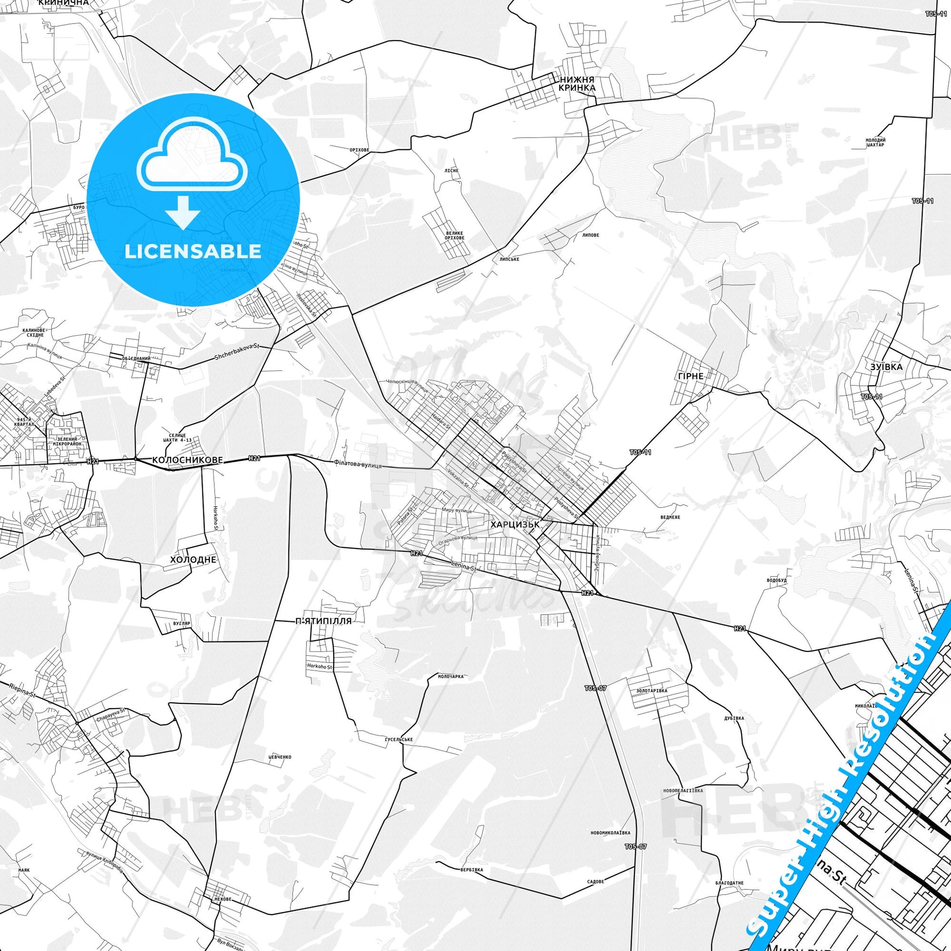 Khartsyzk, Ukraine light map with streetnames, citynames and districts