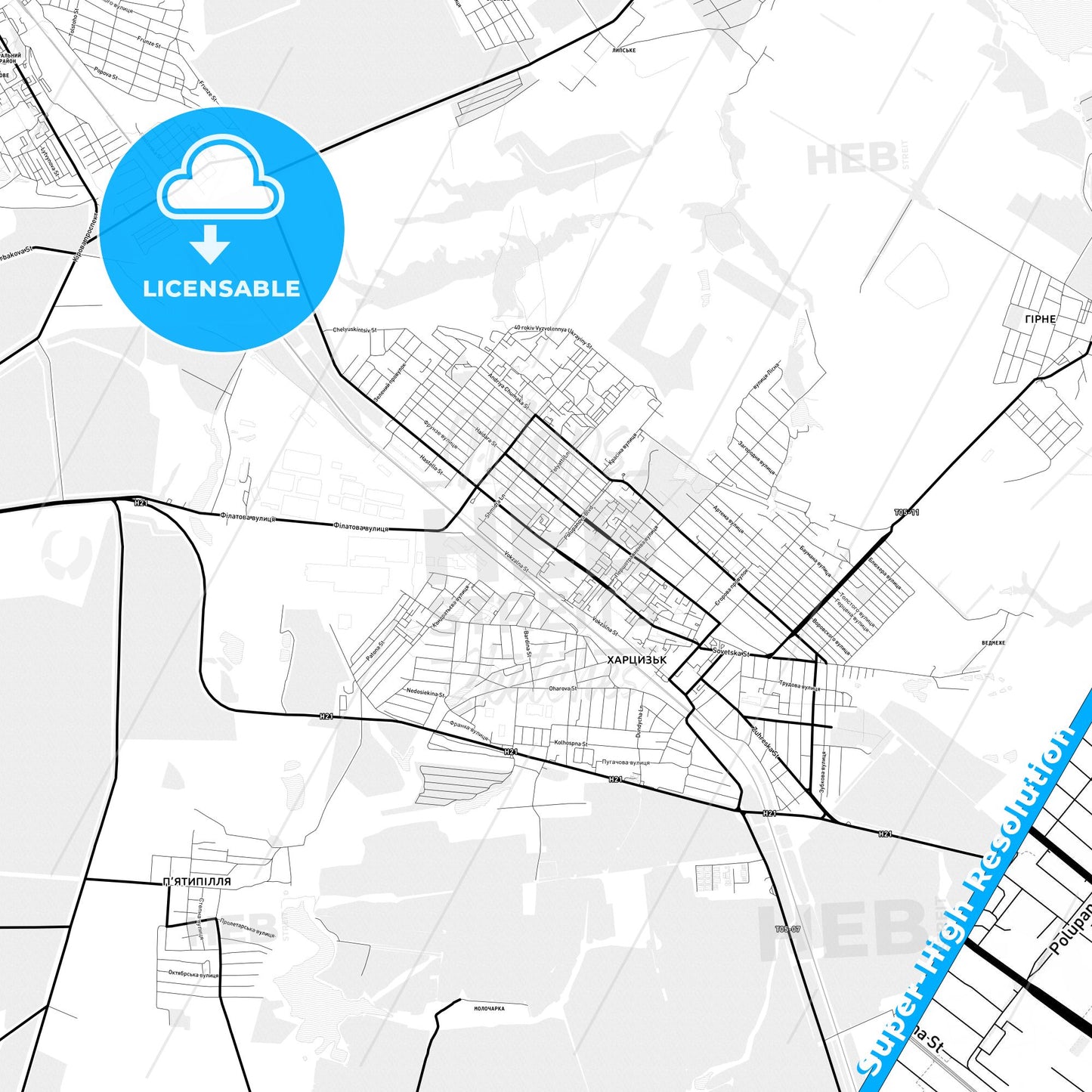 Khartsyzk, Ukraine Light Map with Street Names, City Names, and Districts