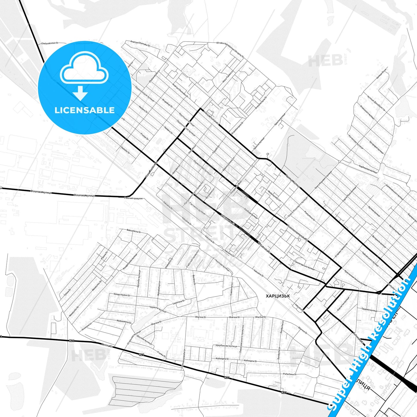 Khartsyzk, Ukraine Light Map with Street Names, City Names, and Districts