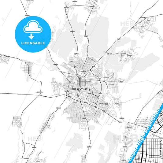 Khasavyurt, Russia light map with streetnames, citynames and districts
