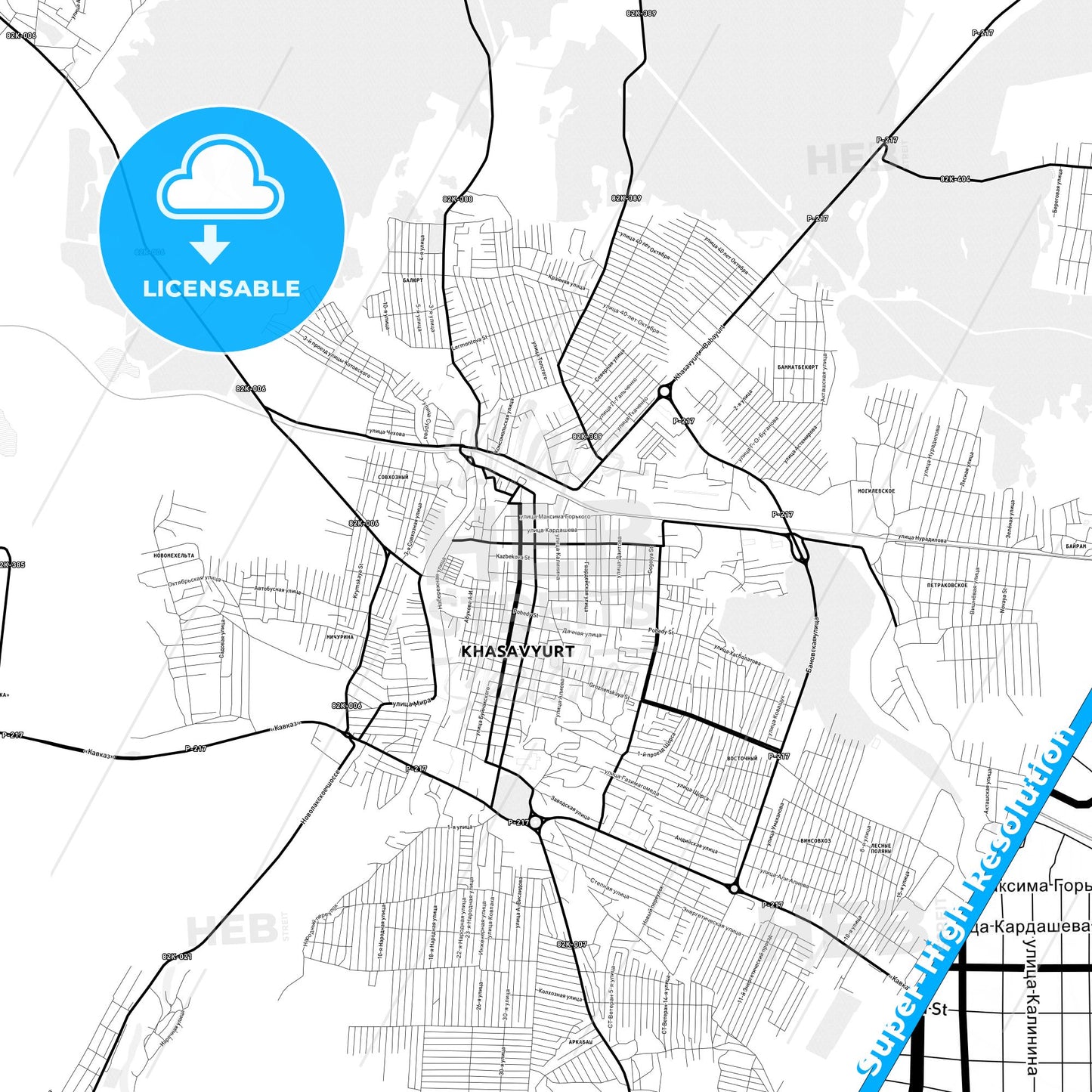 Khasavyurt, Russia Light Map with Street Names, City Names, and Districts