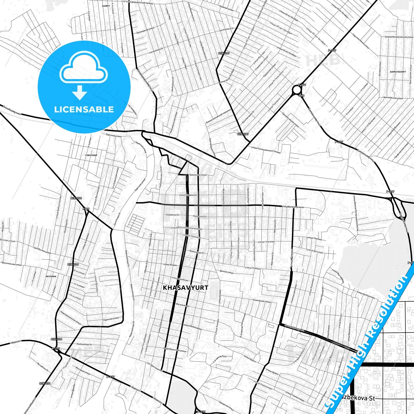 Khasavyurt, Russia Light Map with Street Names, City Names, and Districts