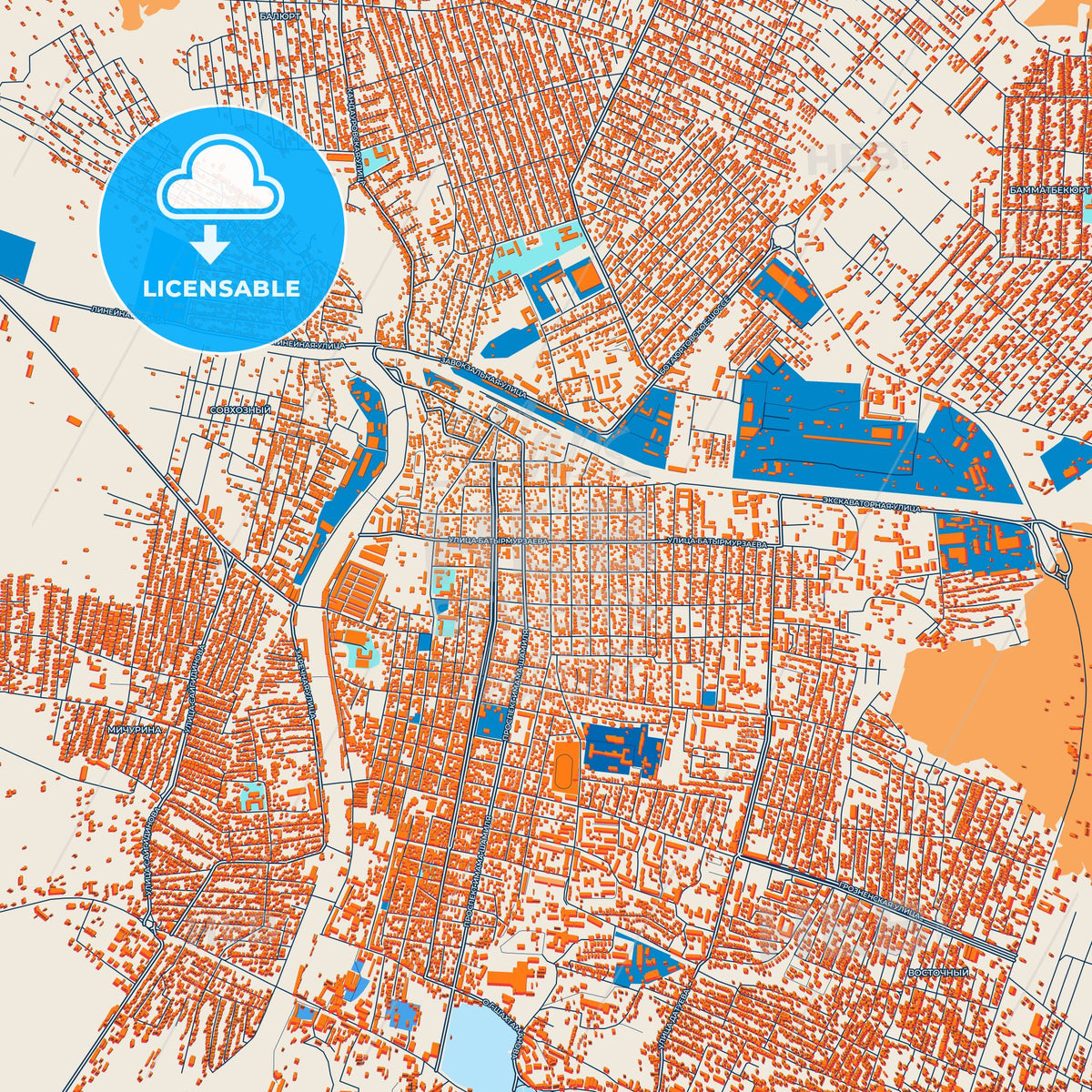 Colorful Khasavyurt Street Map with Labels and Buildings