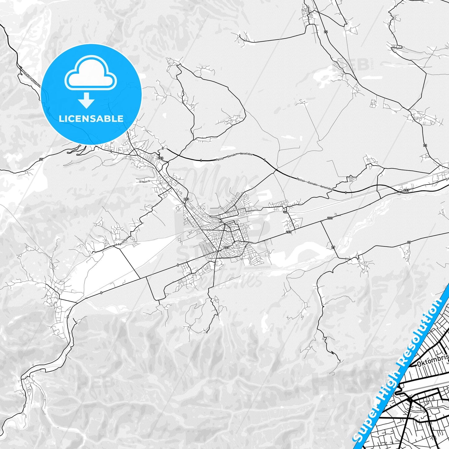 Khashuri, Georgia light map with streetnames, citynames and districts