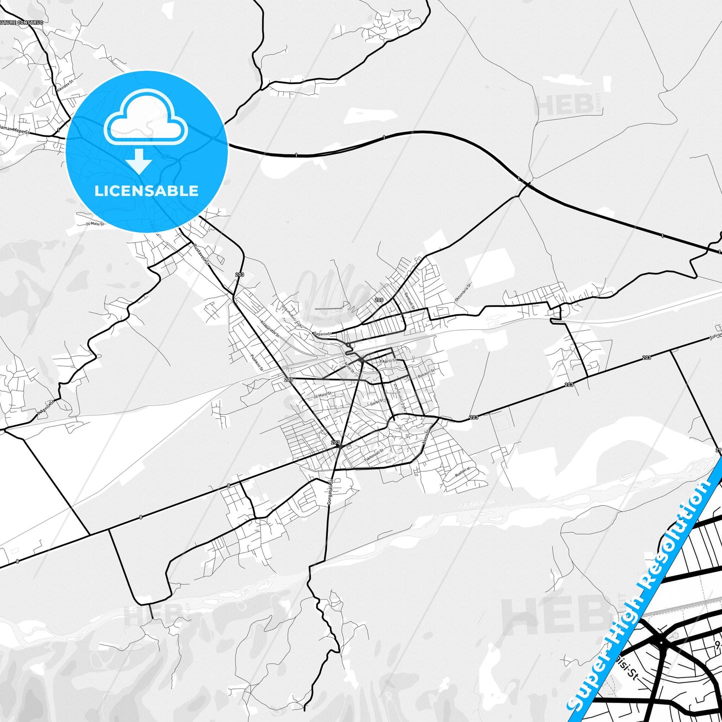 Khashuri, Georgia Light Map with Street Names, City Names, and Districts