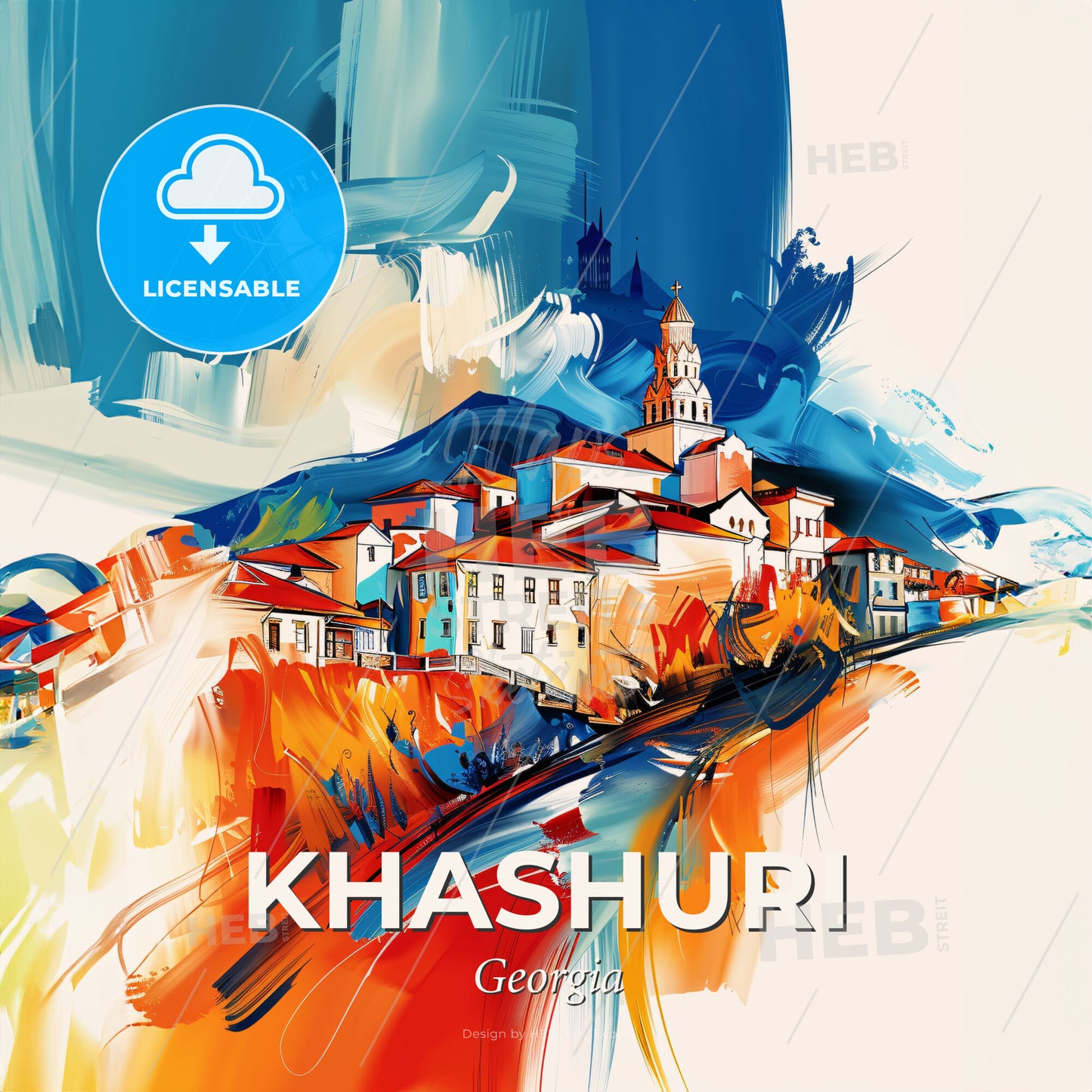 Vibrant Khashuri, Georgia - A Painting Of A Town On A Hill - Square format print template